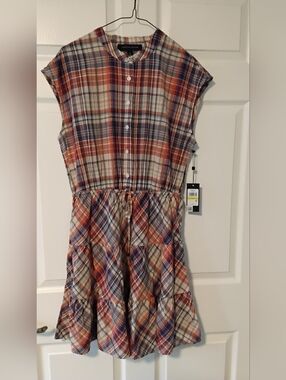 Tommy Hilfigar Plaid Button-Front Drawstring Dress - Rust, Navy & Cream